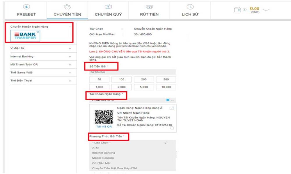 Phương thức nạp tiền W88 thông qua chuyển khoản ngân hàng